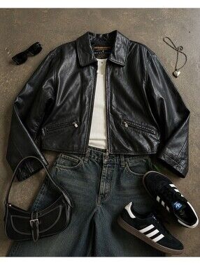 Express Black Genuine Leather Jacket | Cropped Moto Y2K Minimalist Size M